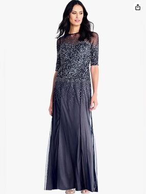 Adrianna Papell Beaded Sequin 3/4 Sleeve Mesh Illusion Maxi Dress Gray Navy 6P